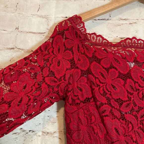 MissMay Dress Womens Small Red All Over Lace Overlay Off The Shoulder Midi Lined - Picture 11 of 15